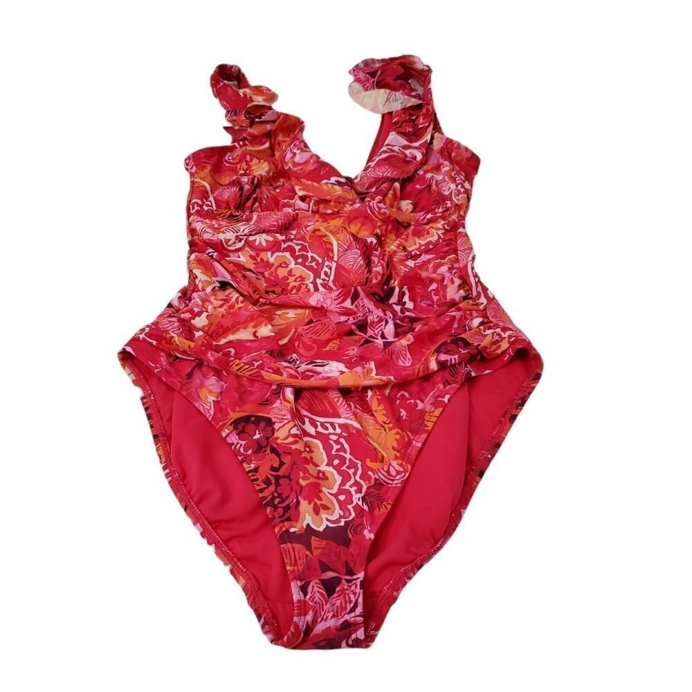 Lauren Ralph‎ Lauren One-Piece Medium Coral Pink Ruffled Tummy Control Swimsuit